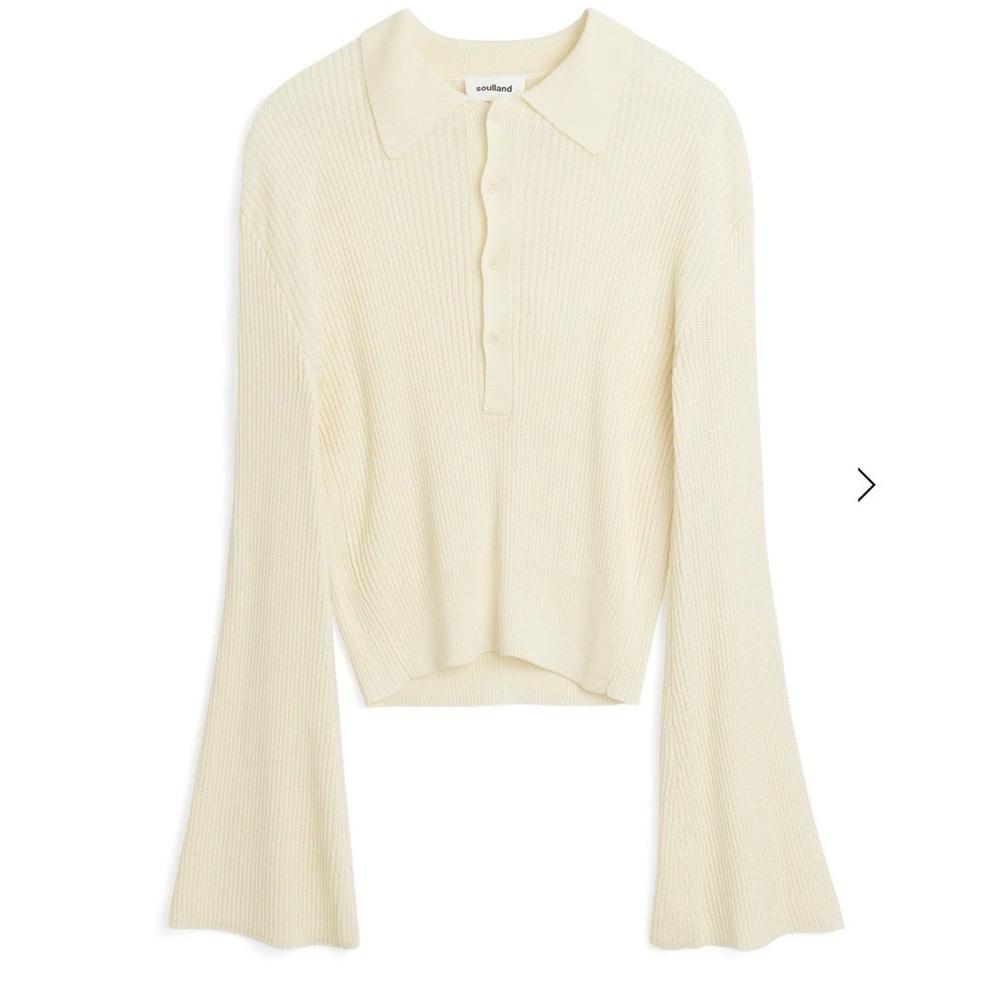 Soulland Kiki Rib Knit Polo Sweater Off White XS | Flared Sleeve Knit Jumper